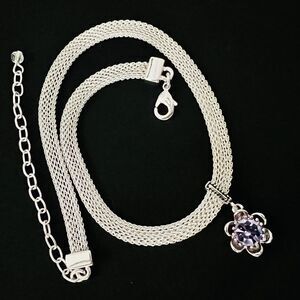 Beautiful Choker Silver Mesh Flower Pendant Purple Stone Fashion Necklace 1078